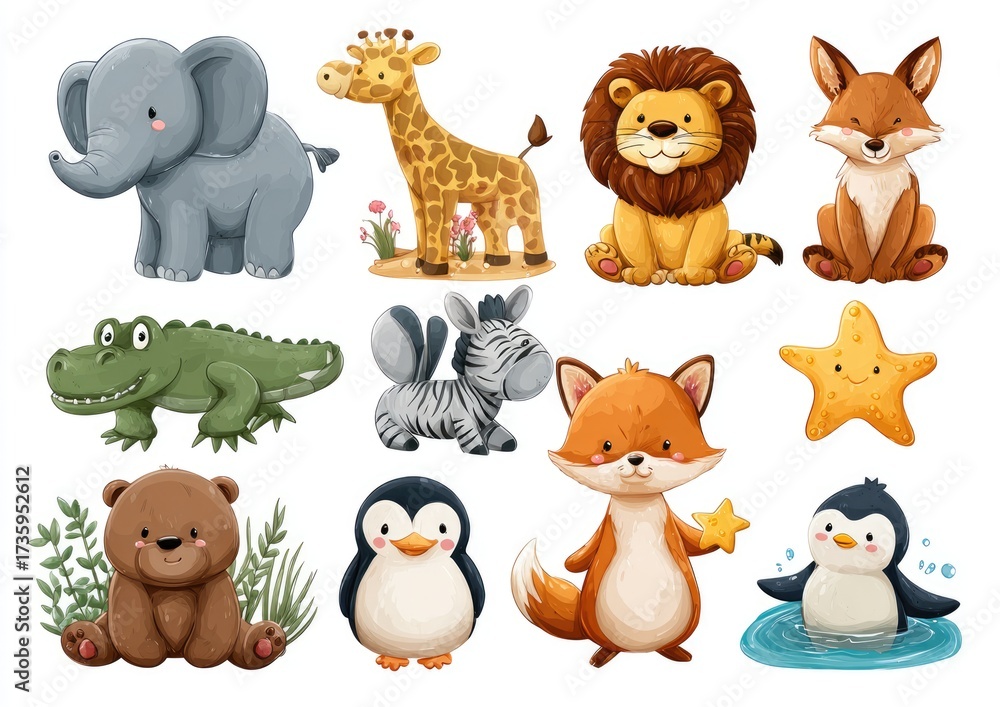 Fototapeta premium Cute cartoon animals in a safari theme