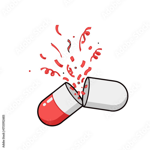 Open capsule with red confetti exploding out