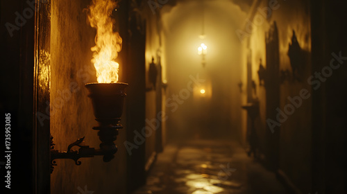Ancient Torch in Dark Corridor – Medieval Monastery Atmosphere