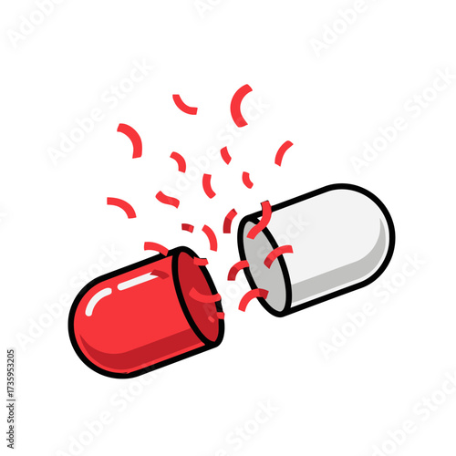 Open capsule with red and halves, releasing red confetti