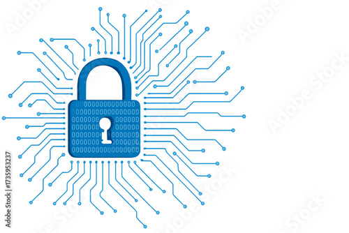 A future technology concept featuring security and cyber protection, depicted with a front view of a padlock binary code printed on a circuit surface against a white background, leaving space for an