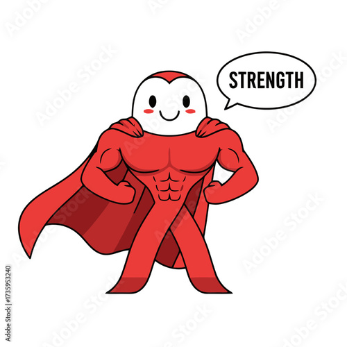 Cartoon superhero character with cape, flexing muscles and speech bubble saying strength