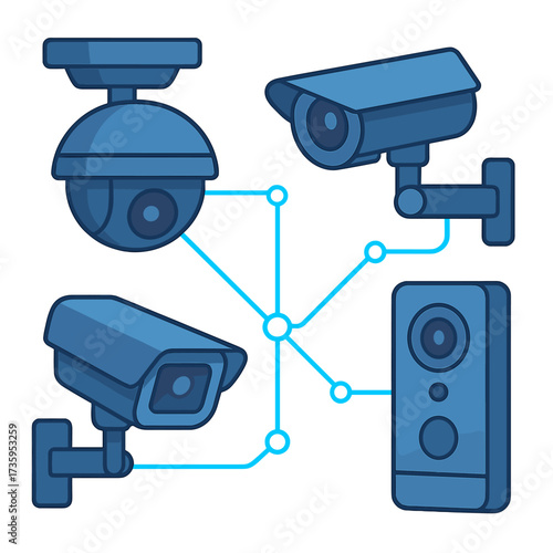Advanced digital network surveillance technology featuring futuristic security cameras
