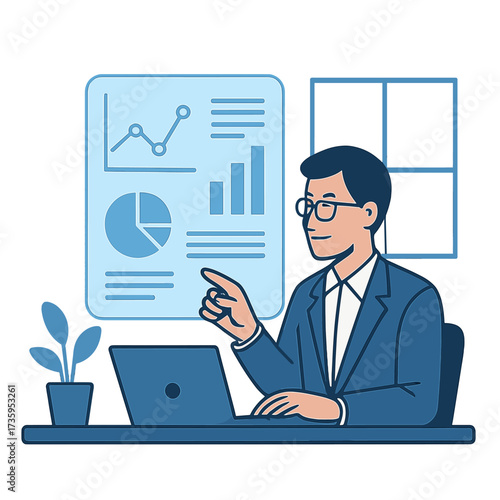 An analyst examines data displayed on a holographic screen in the office