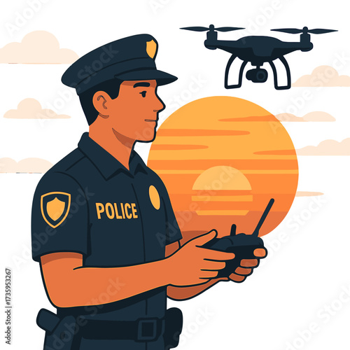 Police officer manages a drone while patrolling at sunset