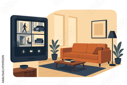 A contemporary living room features a slim, wall-mounted tablet showing live security camera footage, and the space is tastefully furnished, e