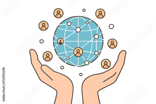 Hands grasp the global network and data customer connection, covering digital marketing, social media, internet business, social networking, and worldwide communication networks