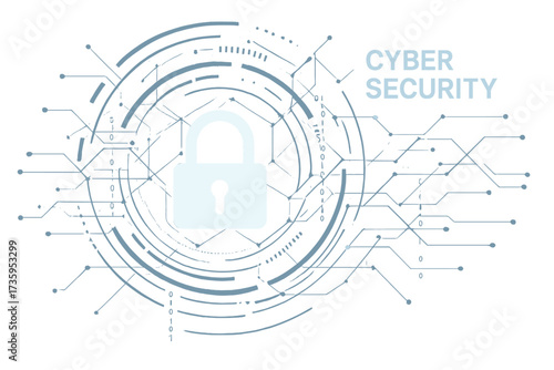 Cyber security is symbolized by a digital padlock icon, a network of cyber security technologies, and data protection tools on a virtual dashboard, ensuring authorized online access to protect