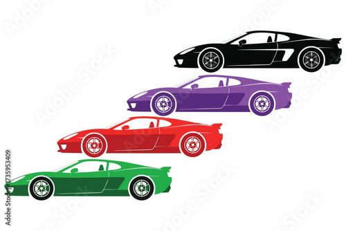 Vector art of a vibrant collection of sports car illustrations in black, purple, red, and green, showcasing sleek designs and dynamic lines