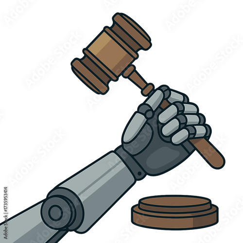 A robotic hand grips a gavel, symbolizing AI in law