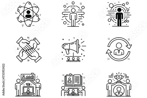 Vector art of a set of business and management icons, including teamwork, leadership, training, and success, all in a clean and modern line style