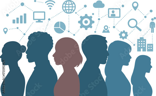 A depiction of a multinational populace and the concept of modern society, emphasizing human resources and digital transformation