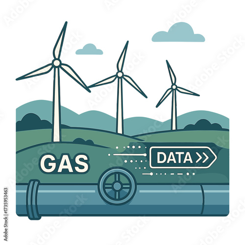 A digital representation of energy infrastructure featuring a future gas pipeline and data transmission capability, set amidst wind turbines that illustrate a sustainable energy future