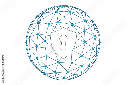 The cyber protection domain safeguards security, while a digital network of connections forms a globe against a dark blue backdrop, symbolizing worldwide communication and technology