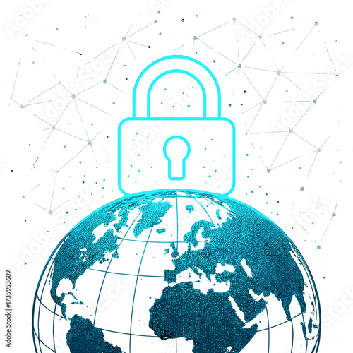 A digital lock encircling a globe in cyberspace, set against a dark background, symbolizing cybersecurity and worldwide data protection