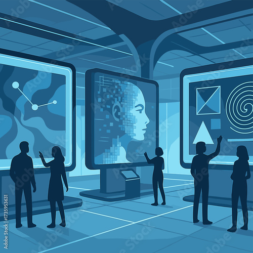 A modern 3D futuristic gallery featuring large screens that showcase a variety of digital artworks and exhibits, with an interactive, tech-driven light space