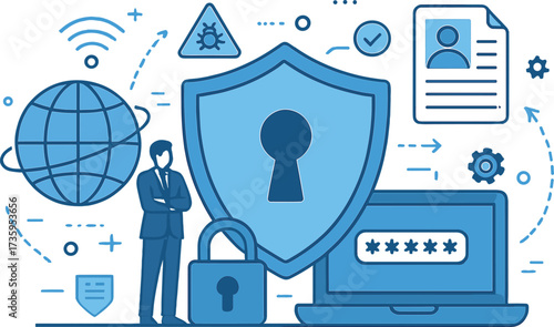 Cybersecurity for businesses and online initiatives, illustrated with vector graphics of data protection services, encompassing privacy, data security, and internet safety concepts against a