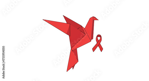 Red origami bird with red ribbon, symbolizing hope and awareness for aids
