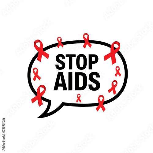 Speech bubble with text stop aids surrounded by red ribbons, symbolizing advocacy and awareness
