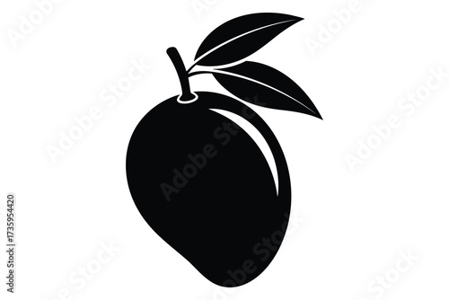 Vector art of a simple yet elegant silhouette of a mango fruit with leaves, perfect for minimalist designs and tropical themes