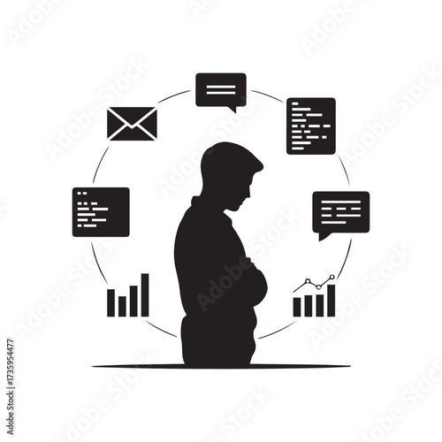 Vector art of a person surrounded by communication and data icons showing information overload and stress