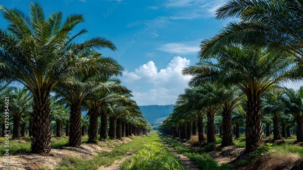 Fototapeta premium Lush agricultural landscape photograph of a vast, impressive palm tree plantation. Countless trees are aligned in perfect geometric rows stretching to the horizon under a blue sky.