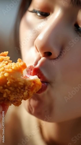 Close-Up of Woman Eating Crispy Fried Chicken