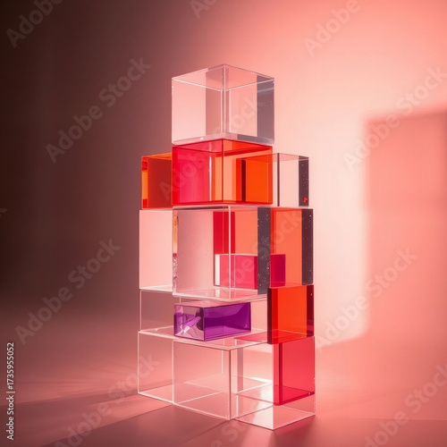 Colorful transparent blocks arranged in a creative display against a warm background