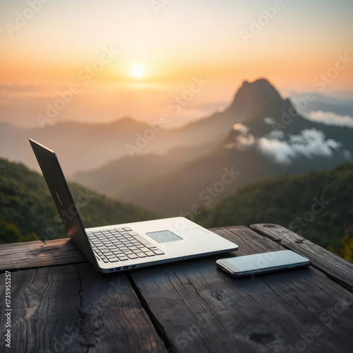 Stunning sunset view over mountains with laptop and smartphone on wooden table in serene outdoor setting