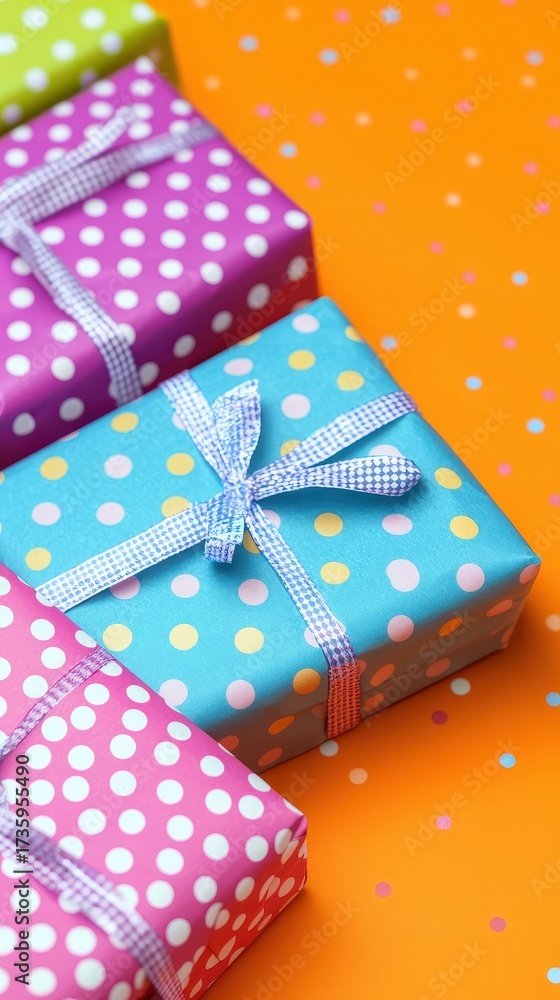 Fototapeta premium Assorted polka dot gift boxes tied with ribbon on an orange background with confetti