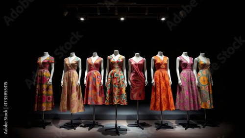 Elegant collection of vibrant dresses displayed in a dimly lit fashion boutique setting