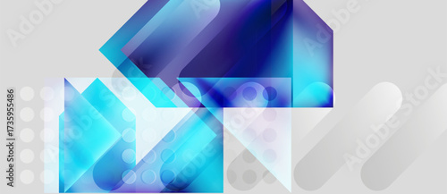 Abstract geometric composition. Blue hues dominate, layered shapes create depth. Circles, rectangles, transparency define design. Modern, minimalist aesthetic.