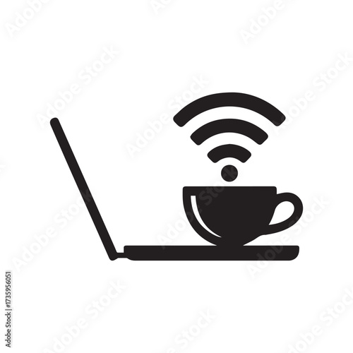Vector art of laptop with coffee cup and wifi signal for remote work and online learning concept design element
