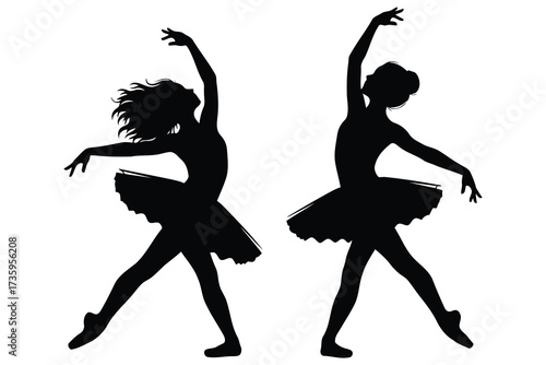 Vector art of two ballerina silhouette vector illustration graceful dancer in tutu dress performing ballet pose elegant woman in dance studio concept