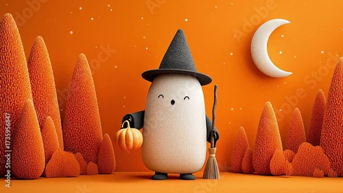 Cute Halloween Character Holding Pumpkin and Broom in Orange Background