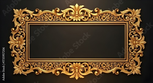 Luxurious Gold Ornate Decorative Frame Border on Dark Background isolated PNG with Transparent Background