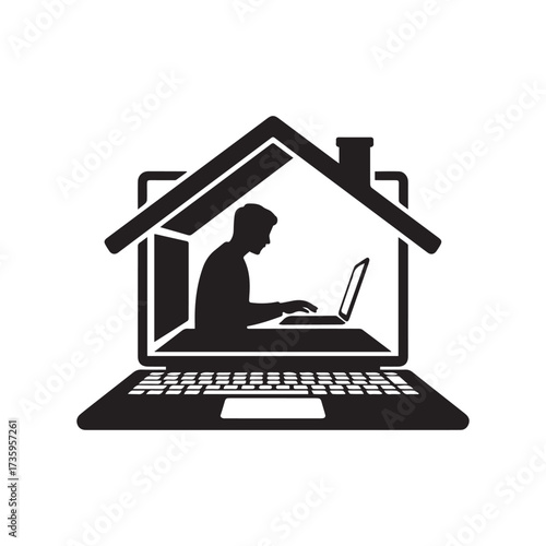 Vector art of man working on laptop at home, stay home concept, work from home, vector illustration in flat style