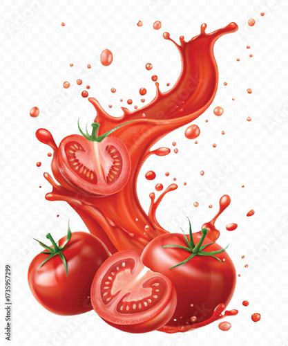 realistic 3d red tomato juice or ketchup sauce splashes in different style isolated on transparent background