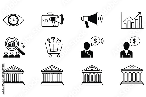 Vector art of a set of black and white business icons, including marketing, finance, and banking symbols for presentations, websites, and graphic design projects