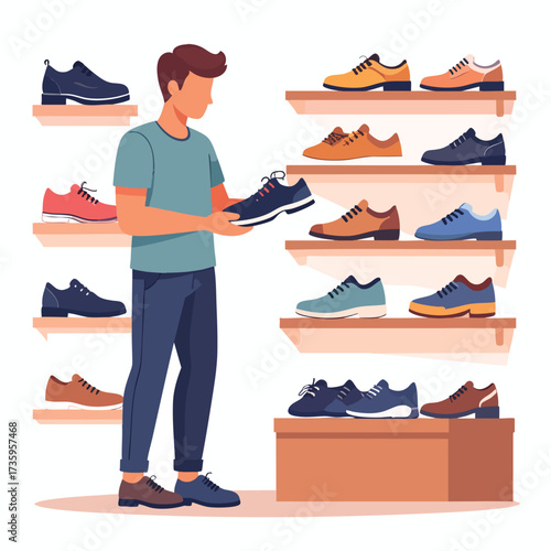 A man examines a shoe in a store, surrounded by various footwear options.