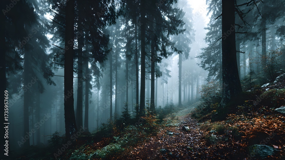 Fototapeta premium Atmospheric photograph of a silent, dense forest on a moody, foggy morning. The tall, imposing trunks of trees disappear into the mist above a ground covered in autumn leaves.