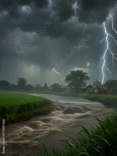 Dramatic Thunderstorm with Lightning Over Flooded River