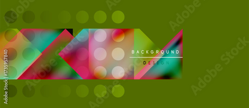 Abstract geometric shapes, vibrant colors, olive background. Modern design elements create dynamic visual composition.