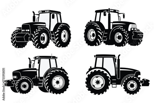 Vector art of a collection of black and white tractor silhouettes, featuring various models for agricultural, farming, and transportation themes in graphic design