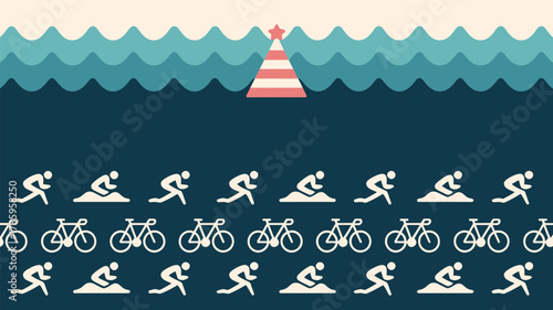 A stylized illustration of a triathlon with swimming biking and running under a striped cone and waves