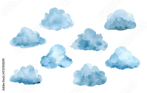 Watercolor clouds set isolated on white background. Blue shades skyscapes illustration for children’s illustrations, fantasy art, dreamy sky, and weather-themed design.