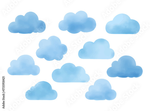 Watercolor clouds set isolated on white background. Blue shades skyscapes illustration for children’s illustrations, fantasy art, dreamy sky, and weather-themed design.