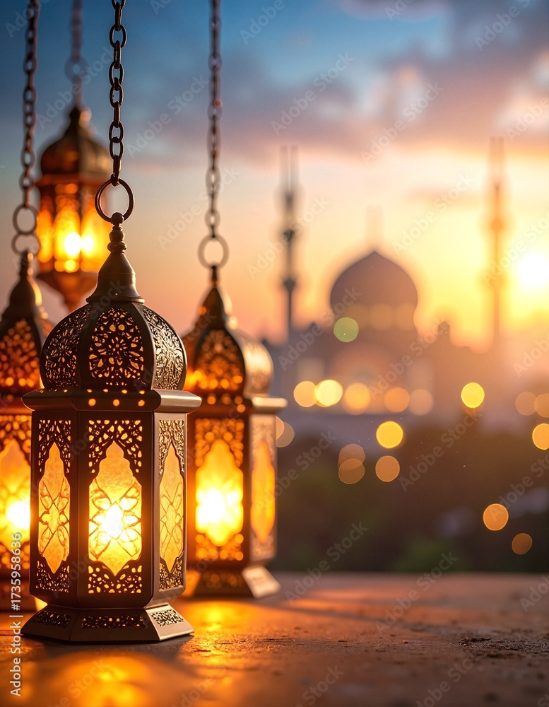 Obraz premium Two ornate lanterns suspended from delicate chains, casting a warm glow, with intricate designs and soft light illuminating the surrounding area.