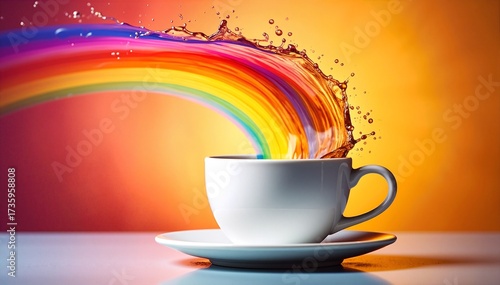 A ceramic cup sits on a wooden table, water splashing dramatically from its rim, droplets catching the light, creating a dynamic and lively scene.