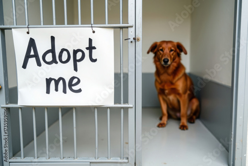 Lonely dog waiting in an animal shelter cage with an 
